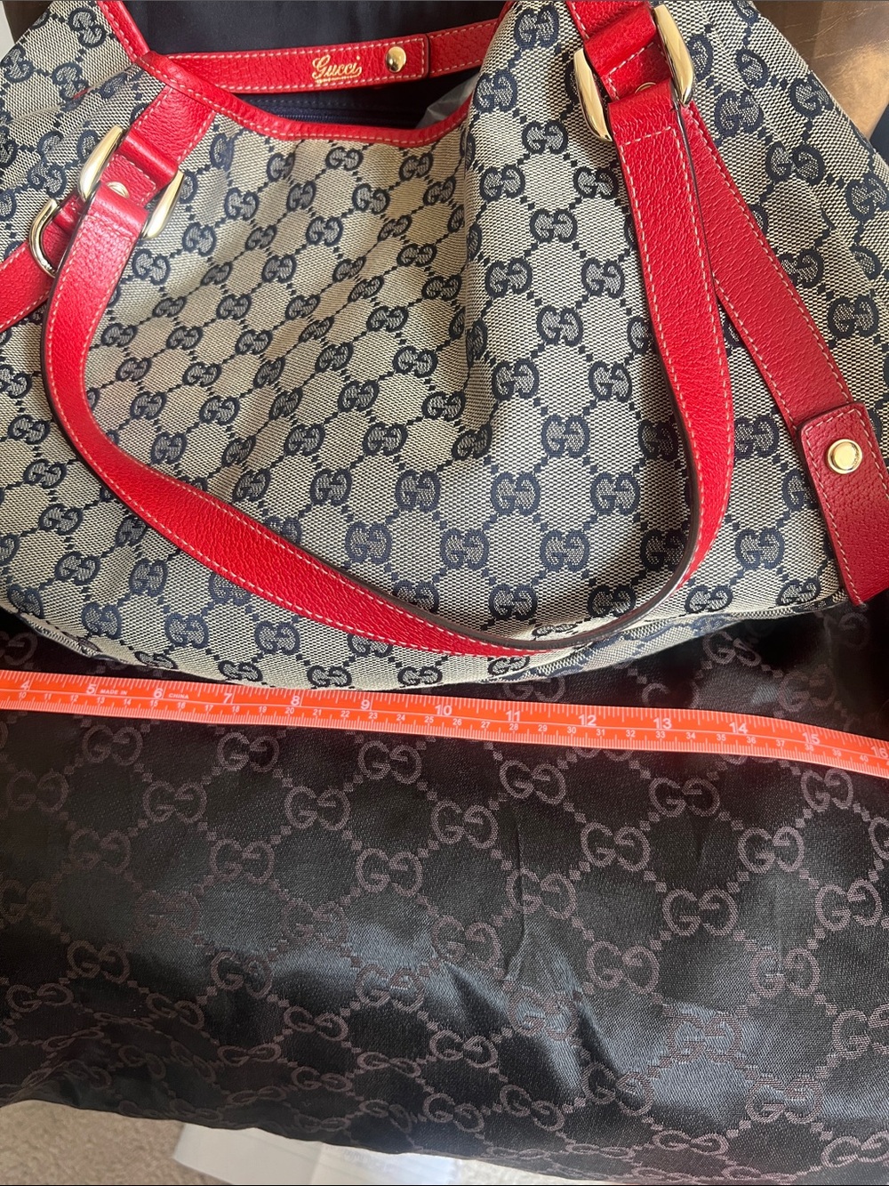 Gucci Beige with blue GG Canvas Shoulder Bag with Red Leather Trim. - Picture 8 of 8